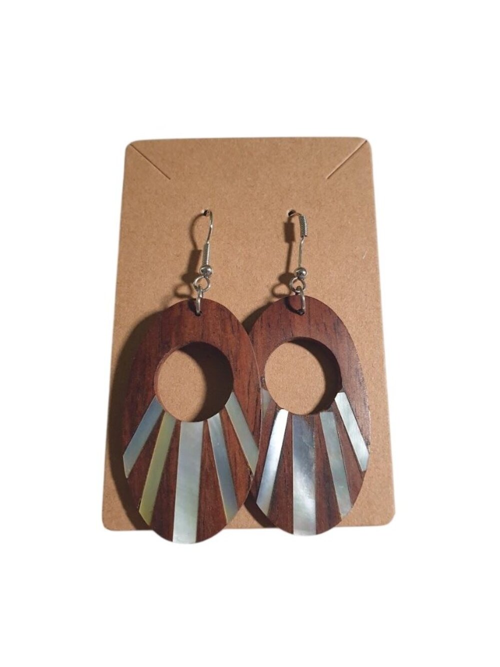 Wood Drop Earrings Mother Of Pearl Oval Dangle Handmade Boho Style Brown Gift